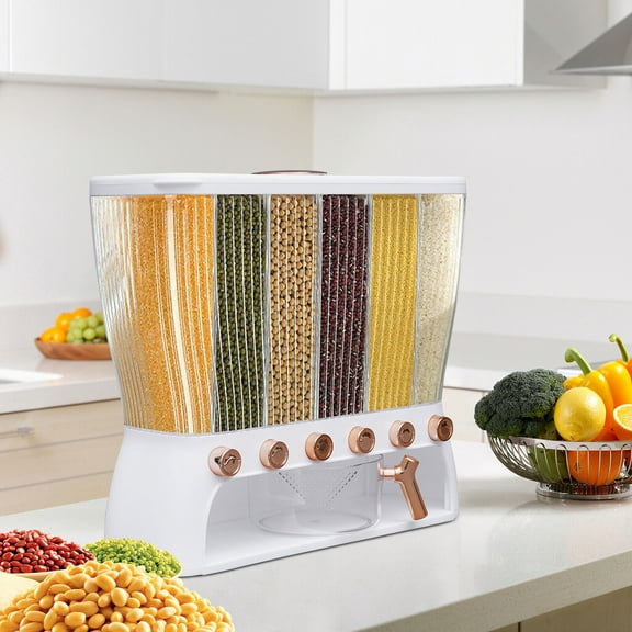 Aiqidi Grain Dispenser 22.05Lbs Kitchen Clear Rice Cereal Beans Storage Container 6 Grids w/Rice Hopper