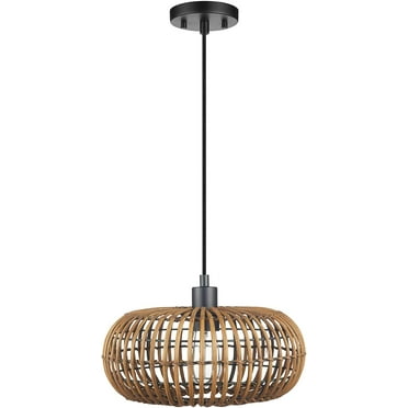 1-Light Pendant Light, Rattan Shade, Black Socket, Black Fabric Hanging Cord, Home Décor Lighting, Adjustable Height, Light Fixture Ceiling Hanging, Bulb Not Included