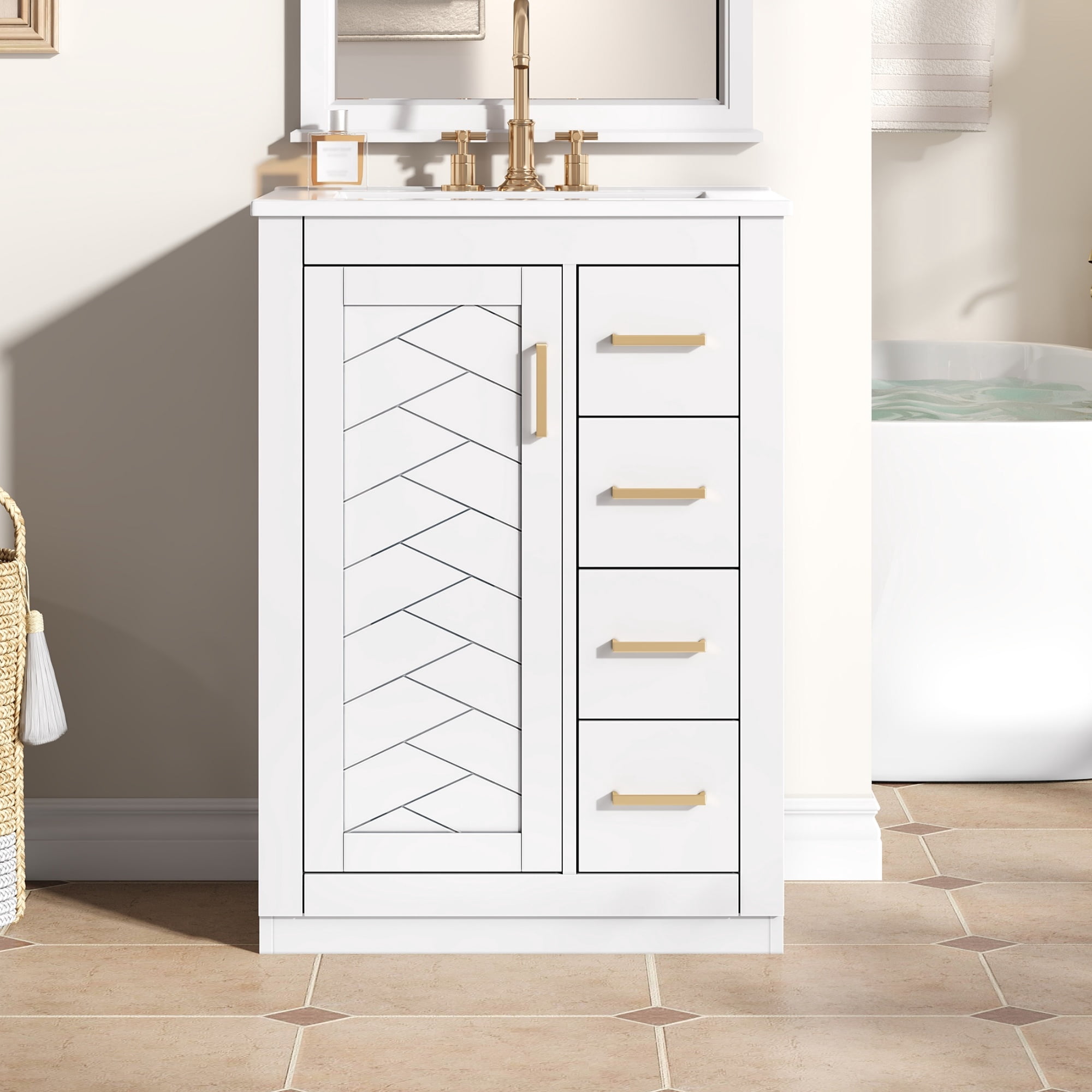 Euroco 24" Bathroom Vanity with Integrated Ceramic Sink, Bathroom Cabinet with 1 Door, 3 Drawers, Single Sink Bathroom Vanity for Small and Medium Restroom, White