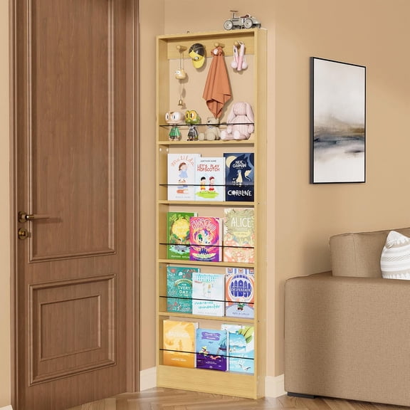 Behind The Door Bookshelf Kids Wooden Wall Mount Organizer with Hooks