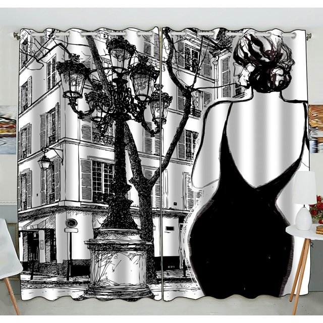 Vestido negro ABPHQTO Mujer joven elegante Cortina de ventana Cortina de cocina Panel 130x210 cm (Dos piezas)
