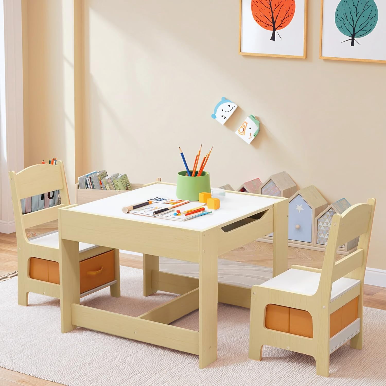 LAZY BUDDY 3-Piece Kids Table and Chairs Set, Wood Children Activity Desk Indoor Toddler Play Table and 2 Chairs Set with Storage