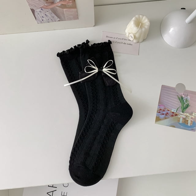 Calcetines japoneses de encaje para niñas, calcetines bonitos y dulces con lazo de Lolita para mujer, calcetines femeninos de estilo universitario JK en blanco y negro