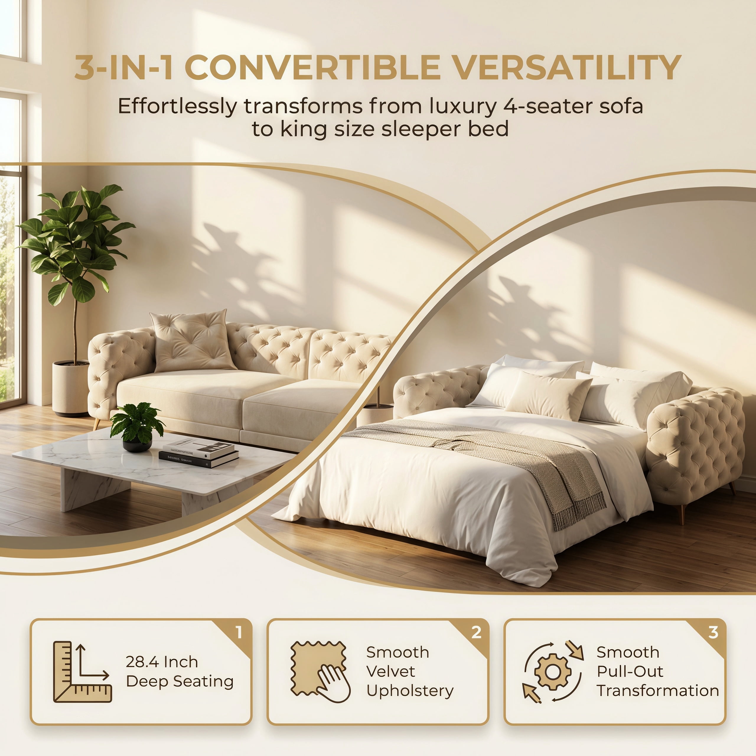 3-in-1 Velvet Sleeper Sofa Bed, 97.7" Modern Button Tufted Convertible Pull Out Couch with Gold Metal Legs & Deep Seat for Living Room, Camel