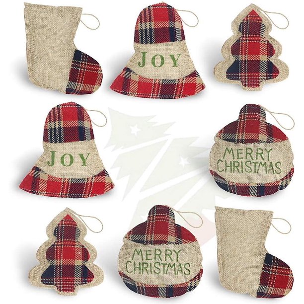 8 piezas de adornos navideños de arpillera 2020, divertidos y únicos adornos de árbol de Navidad a granel, decoración de limpieza de decoraciones de Navidad rústicas, pequeño rojo Pl Feliz Sencillez