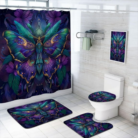 4 Pcs Moth Shower Curtain Set with Rugs,Toilet Lid Cover, Bath Mat Fantastical Colorful Mysterious Magic Art Bathroom Shower Curtain with 12 Hooks Accessories Decorative