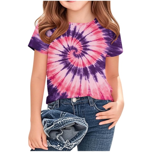 Edvintorg Girls Shirts Trendy Tie Dye Printed Short Sleeve Crew Neck Pullover Tops Summer Girls Clothing Size 3-14