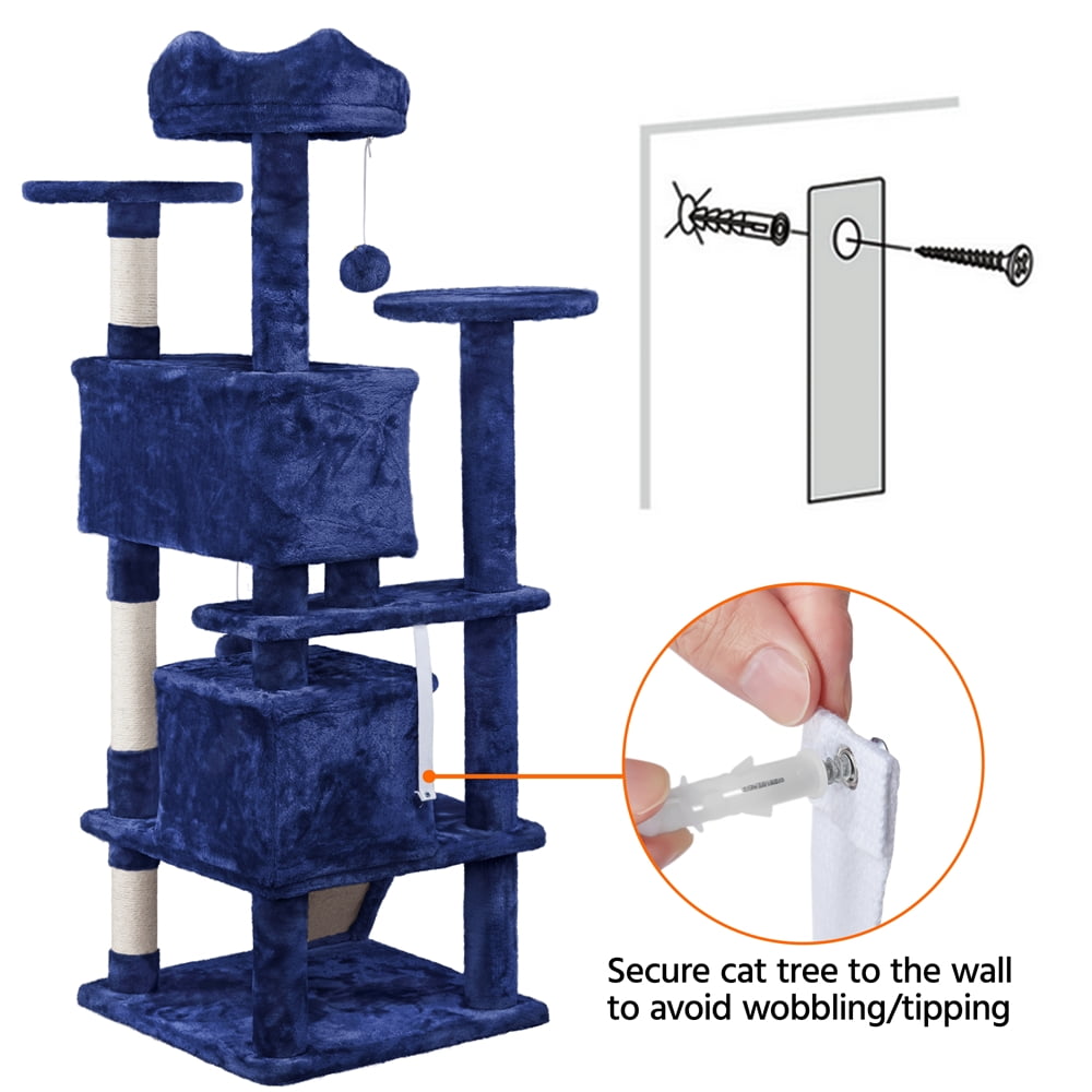 Alden Design 54''H Multilevel Cat Tree Condo 3 Scratching Posts  for  Medium Cats Indoor, Navy Blue