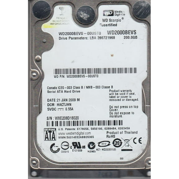 WD2000BEVS-00UST0, DCM HACTJHN, Western Digital 200GB SATA 2.5 Hard Drive