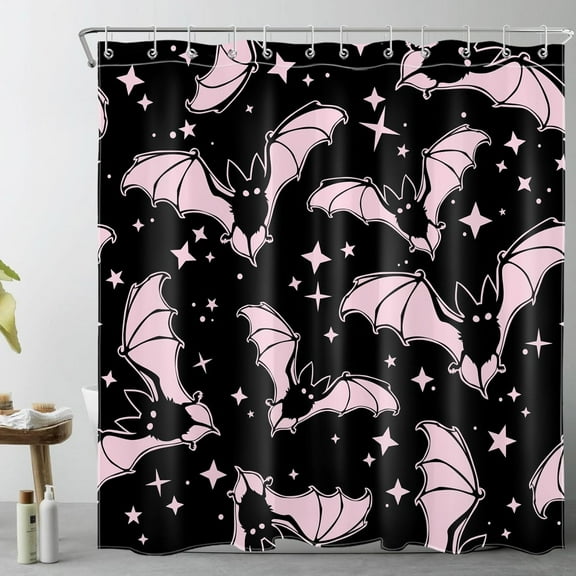 Spooky Halloween Shower Curtain for Bathroom, Gothic Horror Halloween Pink and Black Bats Fabric Shower Curtain with Hooks,Funny Halloween Bathroom Curtain Shower Set, 72" W x 84" L