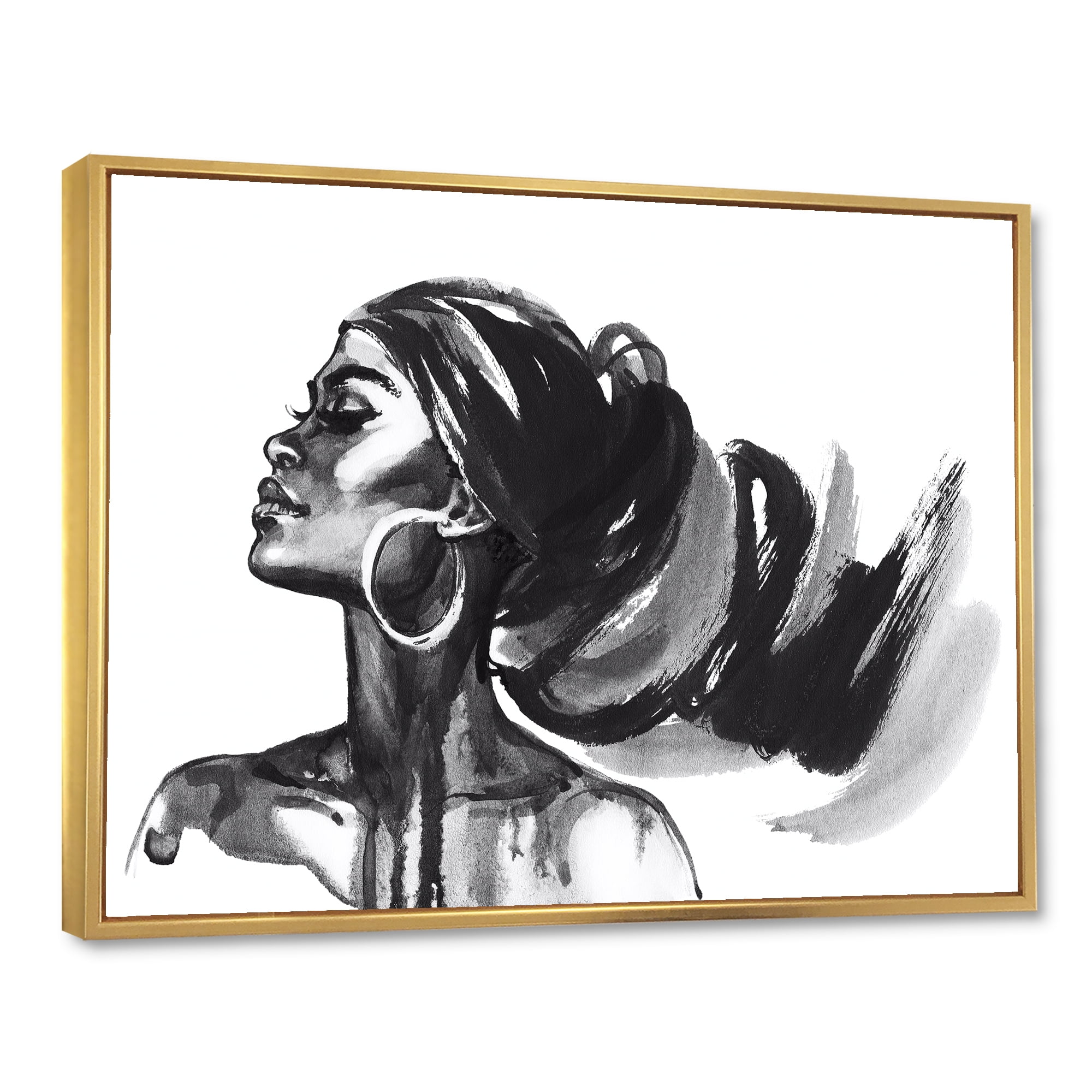 Designart 'Black and White Portrait of African American Woman IV' Modern Framed Canvas Wall Art Print