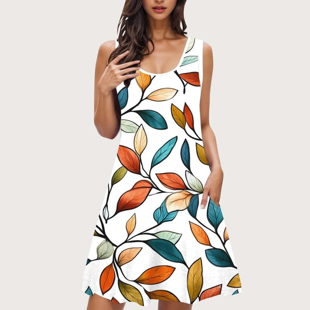 Camisón sin mangas con bolsillos y estampado para mujer, camisón de cuello redondo, vestido de poliéster para mujer