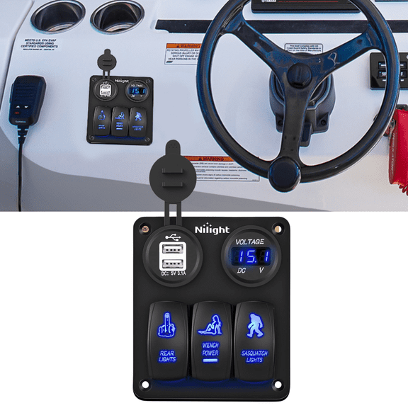 Waterproof Rocker Switch Panel Blue 3 Gang with USB & Charger Led Voltmeter Sasquatch Lights Wench Power Rear Lights Switch on/off Toggle Switch Panel for Car Rv Marine Boat Truck