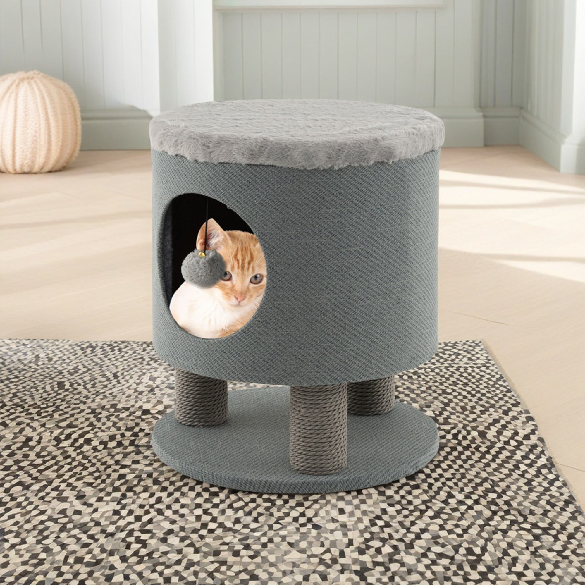 Kadyn 18" Cat House for Indoor Cats with Scratching Posts and Plush Ball Toy, Modern Cat Cave Bed, Cat Nest Condo Cute Cat Shelter, Gray