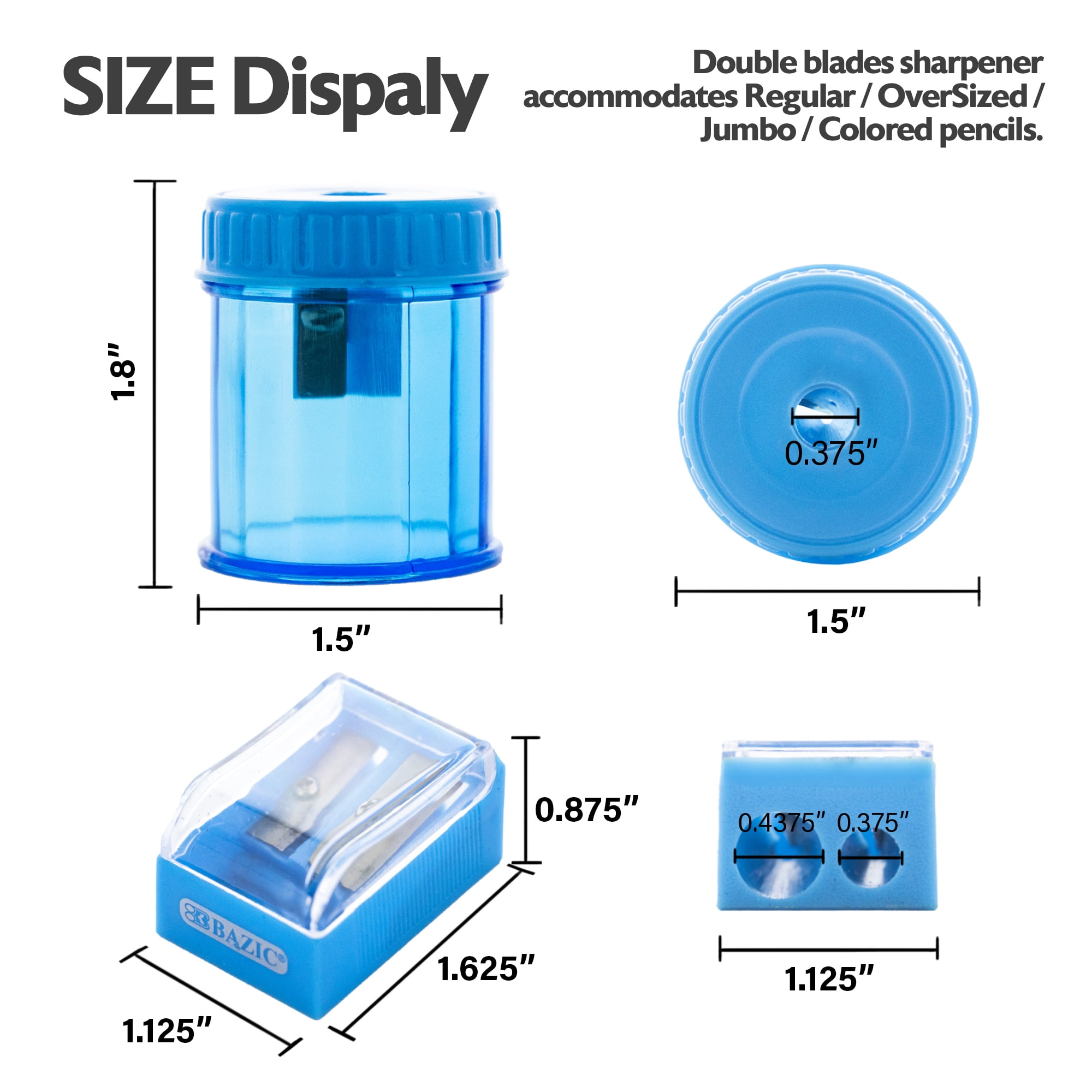 BAZIC Pencil Sharpener 2 Dual Blades + 2 Round Receptacle, (4-Pack), 6-Pack