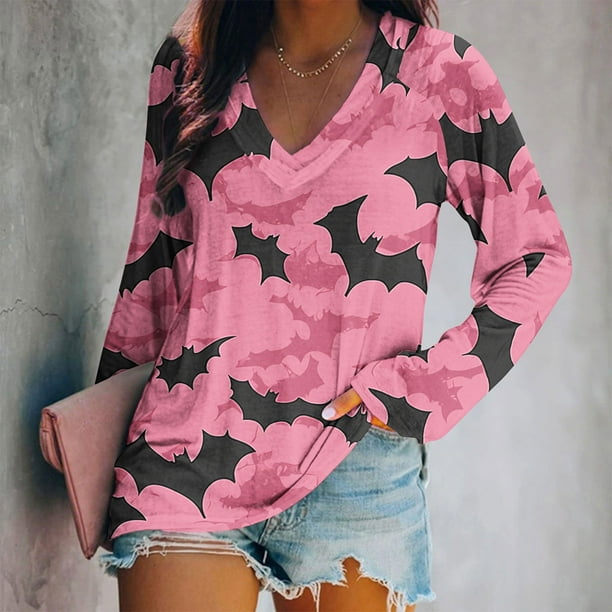 Ailaofu Ladies Long Sleeve Halloween and Christmas Decorative Basic V-Neck Casual Shirt Fashion Tops