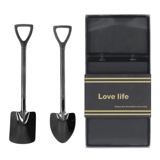 Cucharas de helado, cucharas de pala, paquete de 2 cucharas de postre de acero inoxidable, acabado brillante, diseño ergonómico, ampliamente utilizadas para café, helado, azúcar, sandía, negro