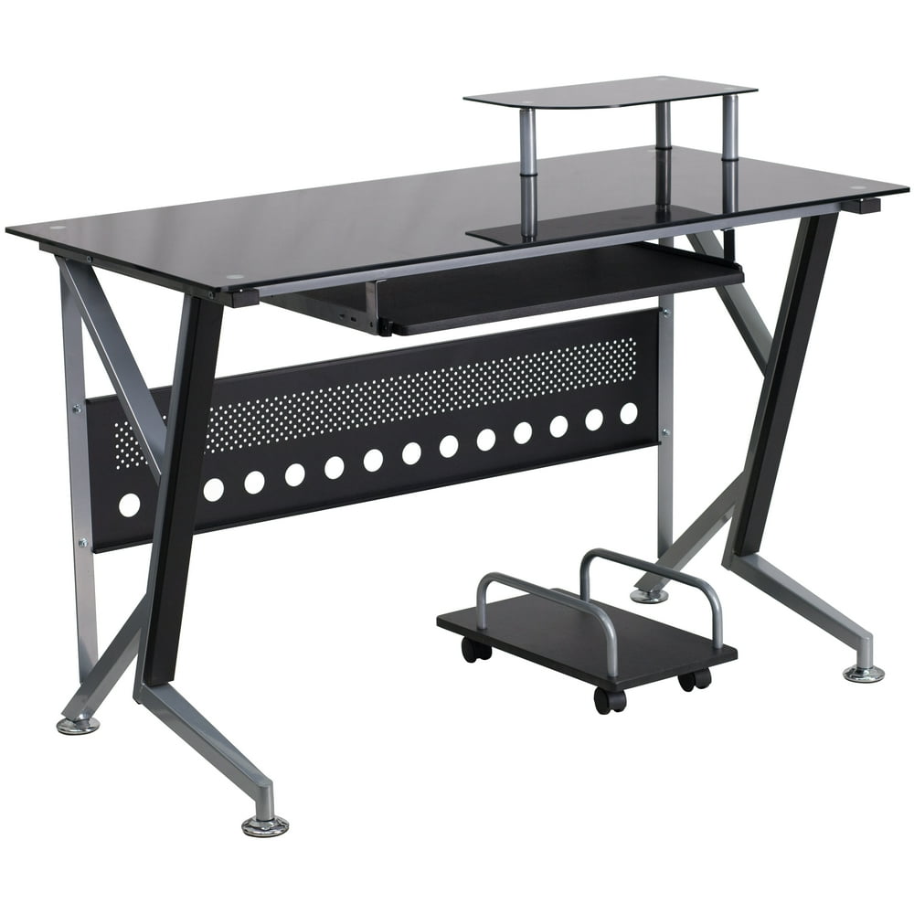 Flash Furniture Black Glass Computer Desk with PullOut Keyboard Tray and CPU Cart
