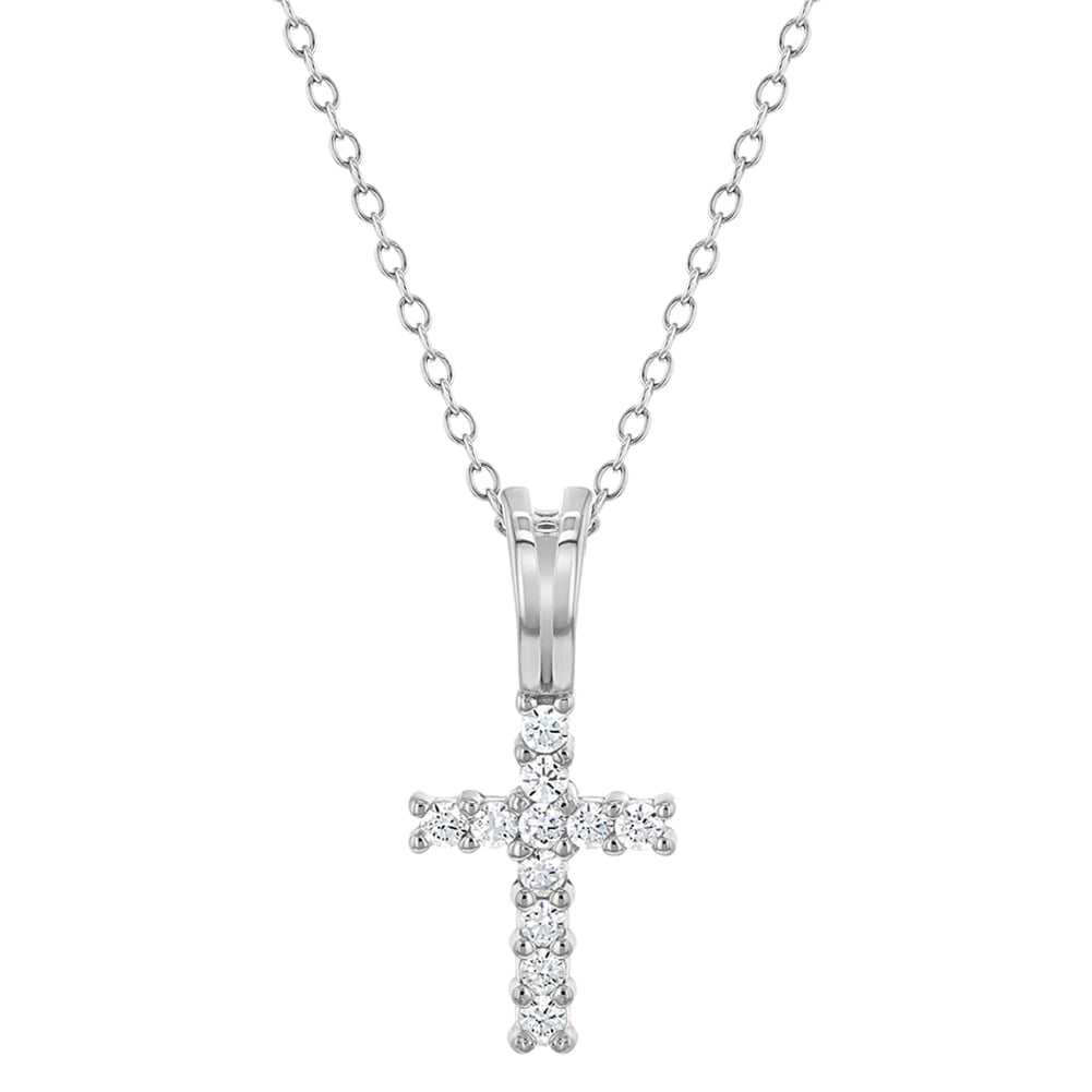 925 Sterling Silver Clear CZ Baptism Christening Cross Pendant Necklace ...