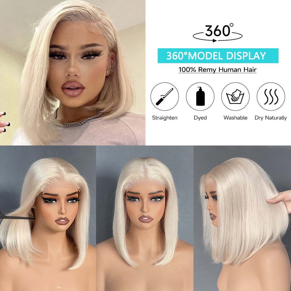 5x5 Glueless Platinum Blonde Bob Wigs Short Straight Bob Brazilian Virgin Human Hair Wig Precut UHD Transparent Lace Wig Preplucked Ready to Wear Wigs For Women 10 inches 180% Density