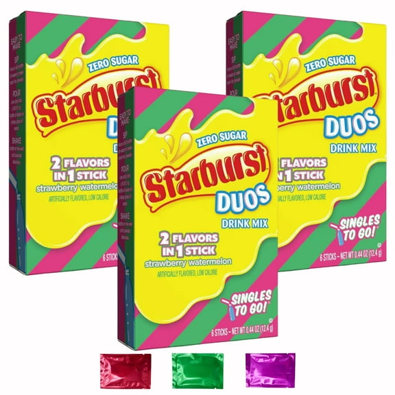 Starburst Duos 2 in 1 Flavors Strawberry  Watermelon Sugar Free Drink Mix 18 Sticks Singles Box of 3, Powder Packets Water Bottle Beverages Refreshing Juice Drinks w/ Bonus Snoep in Beperkte Oplage