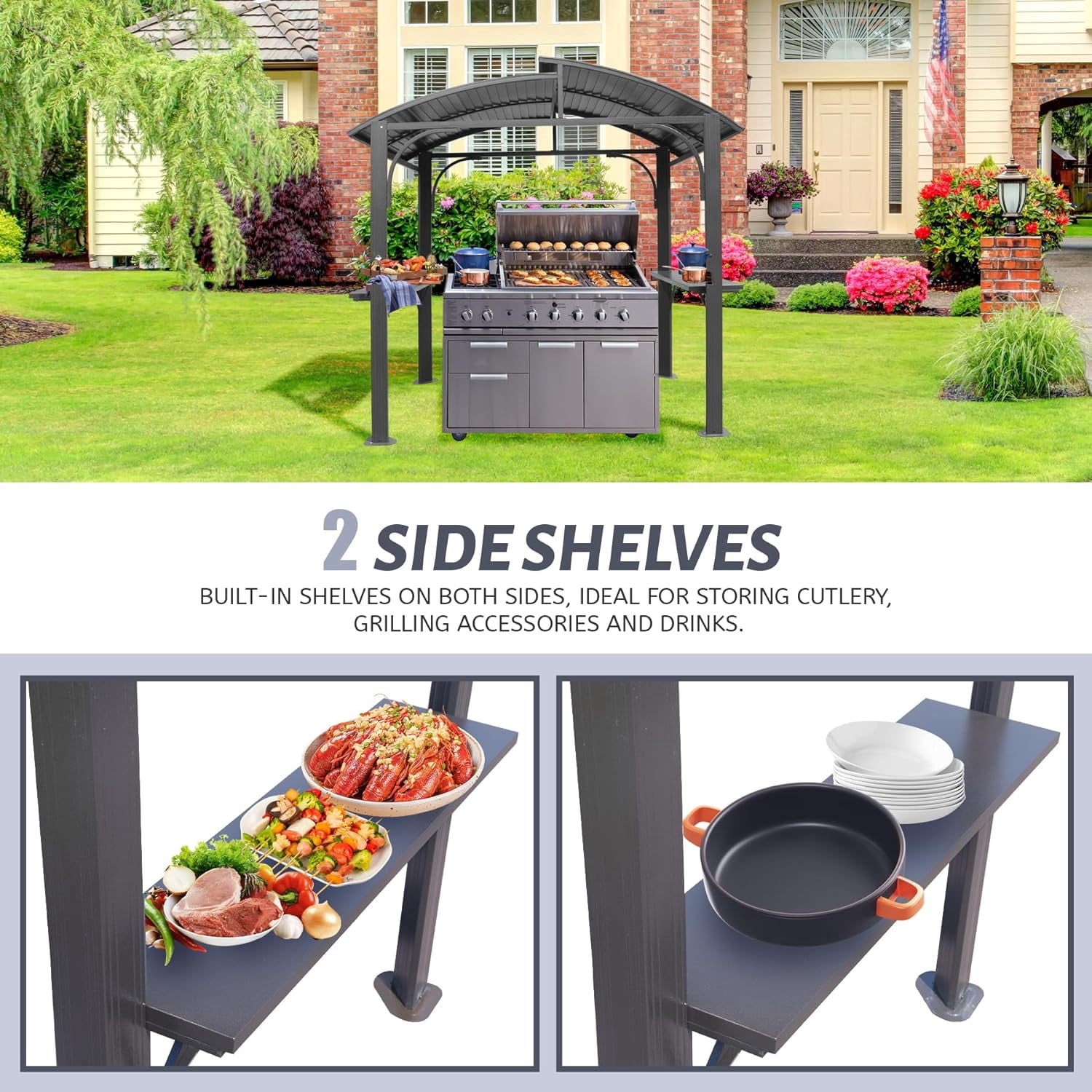 Domi Outdoor Living Hardtop Grill Gazebo 8x5FT, Grill Canopy for Outdoor Grill w/Double Galvanized Steel Roof and 2 Side Shelves, BBQ Gazebo Grill Tent for Patio Garden Backyard, Grey