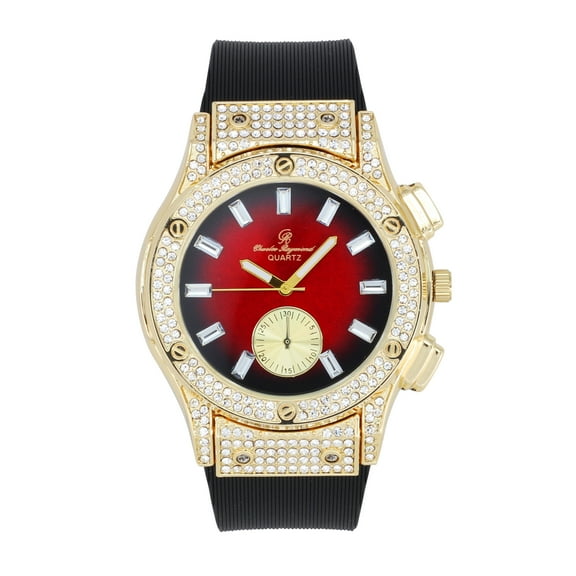 Charles Raymond Big Bling Watch Inspired by Hip Hop - Men's Iced Out Timepiece- Diamond Rhinestones on Blast - ST10311 SB GLD Red
