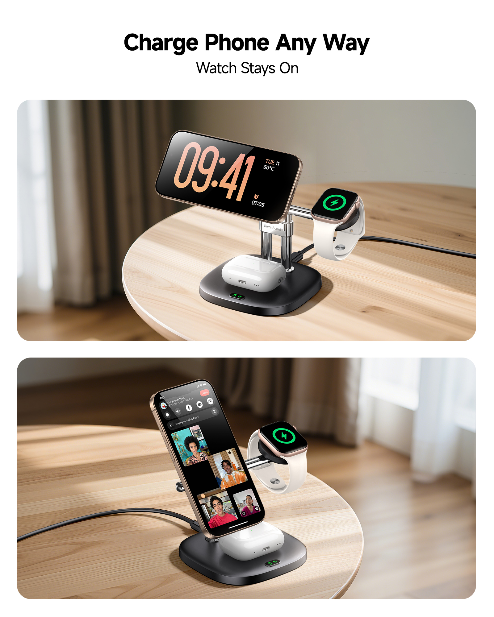 SwanScout 3 in 1 MagSafe Wireless Charger, for iPhone 17/Air/16/15/14/13/12 Series, for Apple Watch 11/10/9/8/7/SE 3/SE 2, Ultra 3/Ultra 2/Ultra, AirPods Pro 3/2, SwanScout 712M (No Adapter)