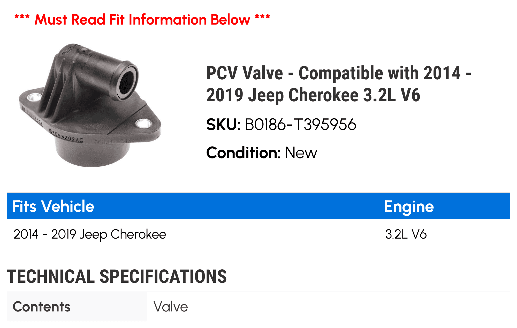 PCV Valve - Compatible with 2014 - 2019 Jeep Cherokee 3.2L V6 2015 2016 2017 2018
