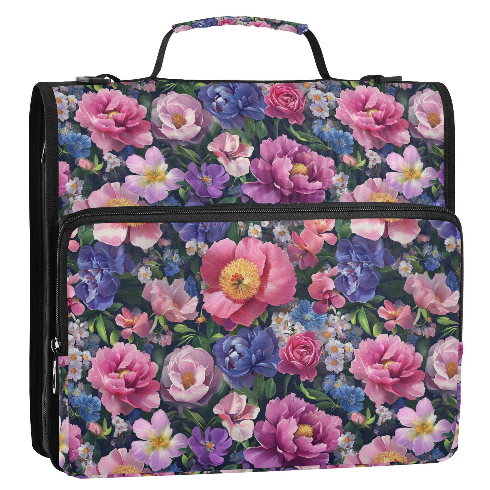 FORMRS Zipper Binder with Shoulder Strap 2-inch Ring 500 Sheet Capacity File Bag, Soft Pinks Flowers