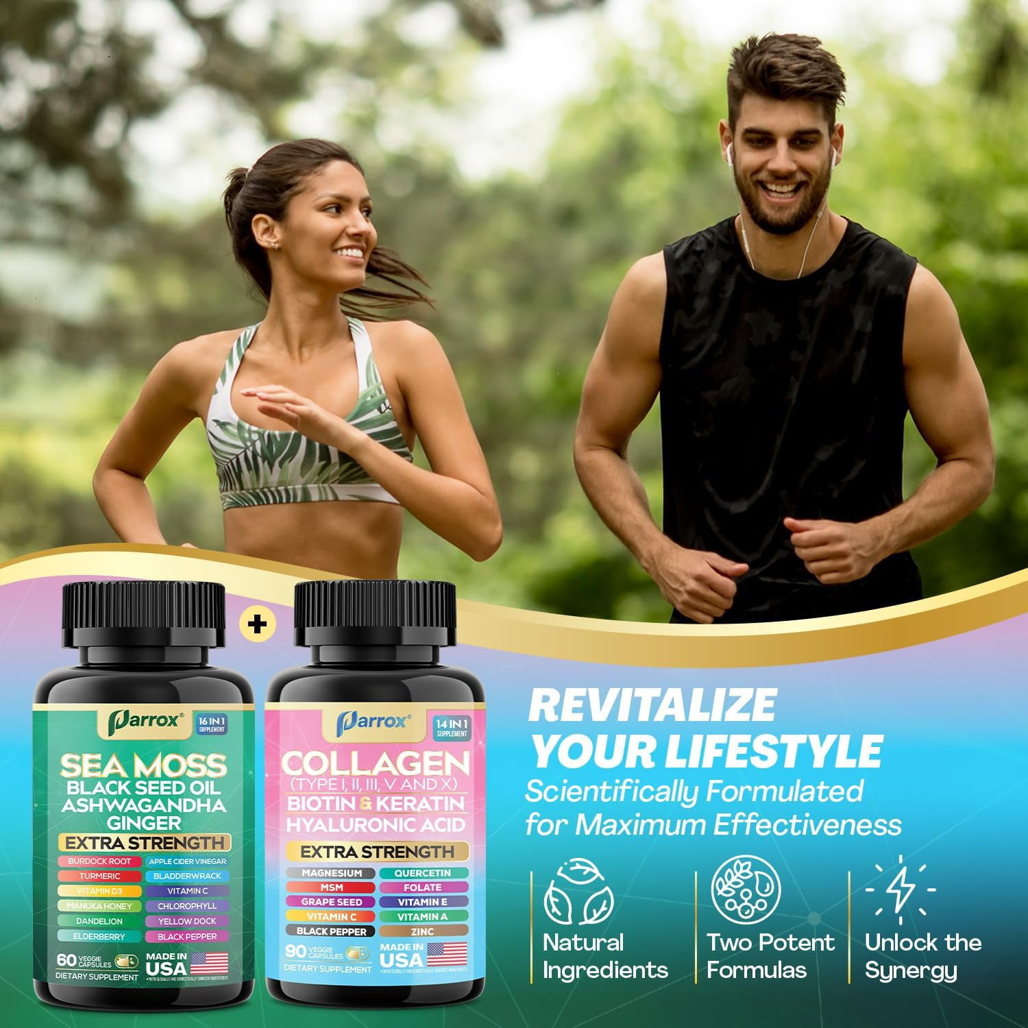 Parrox Radiant Wellness Bundle -Sea Moss, Black Seed Oil, Ashwagandha, Ginger, Collagen Types I II III V X, Biotin, Keratin, Hyaluronic Acid, Burdock Root, Turmeric, Vitamin D3, Magnesium (3 Pack)