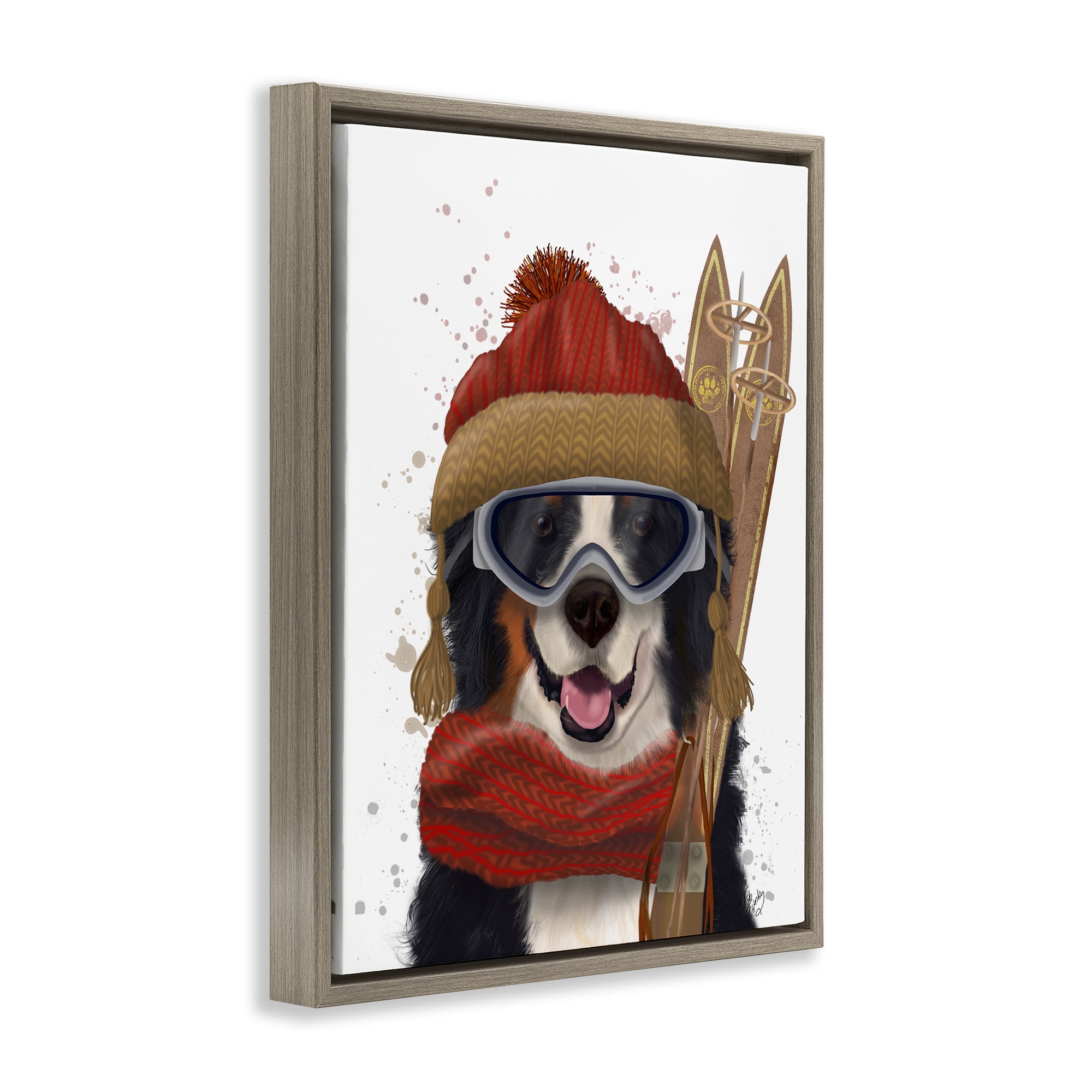 Stupell Industries Happy Skiing Dog Animals & Insects Painting Brown Floater Framed Canvas Art Prints Wall Art, 25 x 31