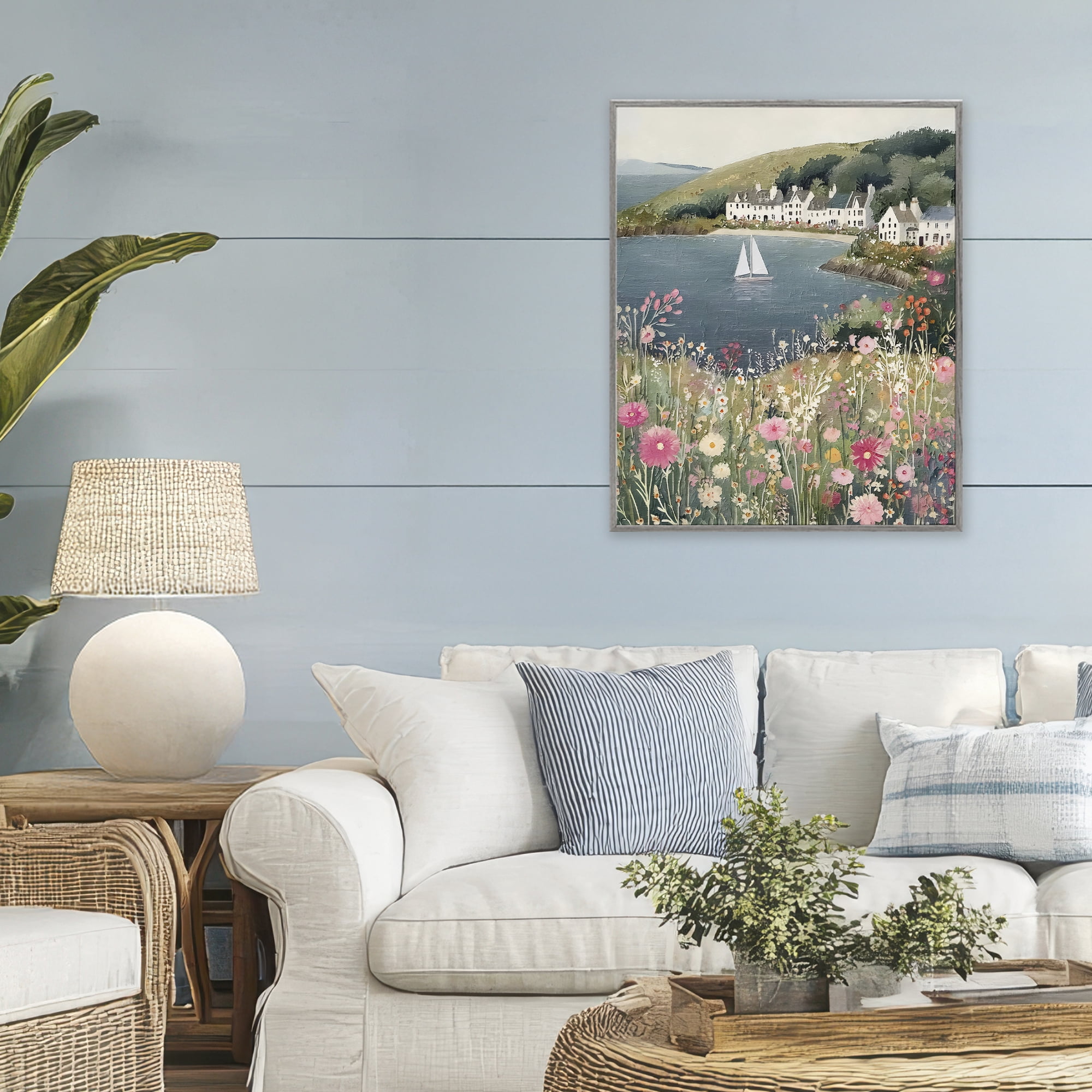 Stupell Industries Clifftop Meadow & Sailboat Gray Framed Giclee Art, design by Riley B