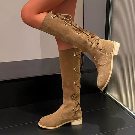 

Aayomet Womens Booties Retro Solid Suede Back Strap Thick Heel Large Knee Length Boots (Khaki 7.5)