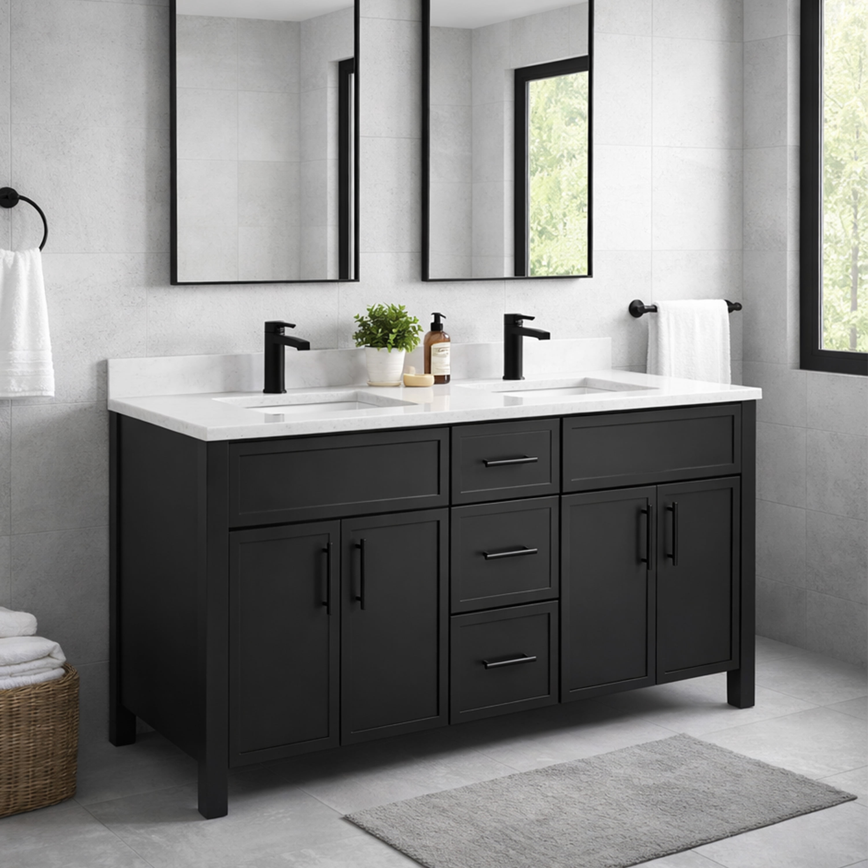 Design House Dawson 60-Inch Bathroom Vanity Cabinet, Ready to Assemble, 4-Door 3-Drawer Freestanding, Comfort Height 34 in., Sherwin-Williams® Iron Ore, Matte Black Hardware, 228453-IO-RTA