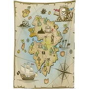 Island Map Tablecloth, Cartoon Treasure Island Pirate Ship Chest Kraken Octopus Nautical Design, Rectangular Table Cover for Dining Room Kitchen Decor, 60" X 90", Pale Beige