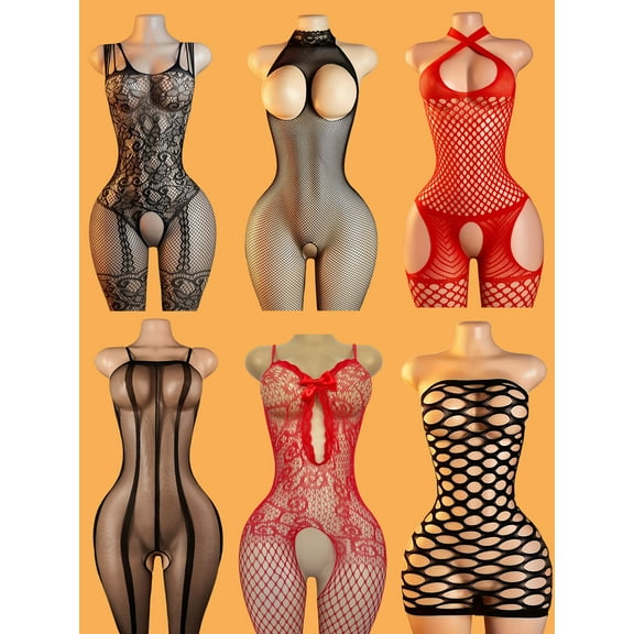 6pcs Women's Sexy Tight-fitting Bodysuit - High-elastic Mesh and Lace Edge Design, Fishnet Bodystocking, Women's Seductive Bodysuit, Suitable As A Gift for Valentine's Day or Christmas.
