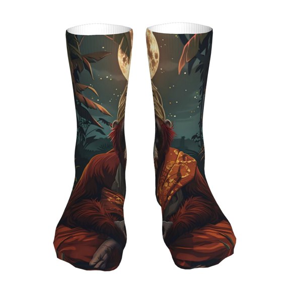 Bingfone Banana Leaf Meditating Gorilla Prirnt Women's Men's Fun Pattern and Solid Crew Socks-1 Pair Pack-Cool & Classic Novelty Design Gifts