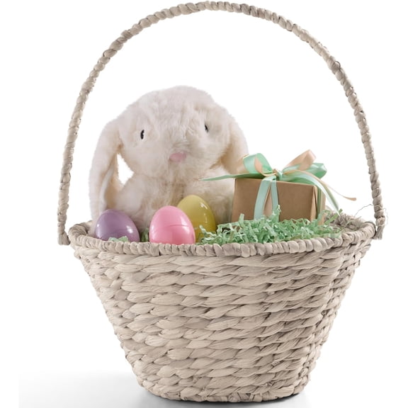 Themis Handwoven Easter Basket, Small Woven Easter Basket for Kids, Easter Egg Hunt Basket w/Collapsible Handle, Tapered Shape, Water Hyacinth - White