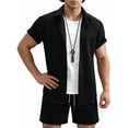 thumbnail image 3 of Men'S Waffle Knit 2-Piece Outfit with Button Down Shirt and Shorts for Summer Black XL, 3 of 8
