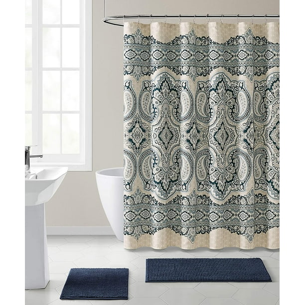 Decorative Fabric Shower Curtain Floral Paisley Design (Blue