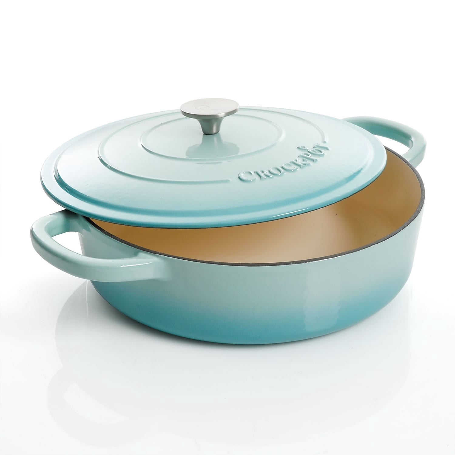 Crock-Pot Artisan 5 Quart Round Enameled Cast Iron Braiser Pan with Self Basting Lid in Aqua Blue