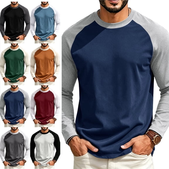 Men's Full Length Sleeve Raglan Cotton Baseball Tee Shirt Dark Blue 210