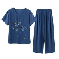 Lovskoo Cotton Linen Set for Women Summer Casual Solid Set Printed Short Sleeve Round Neck Top Pants Suit Thin Weared Outer Home Suit Blue