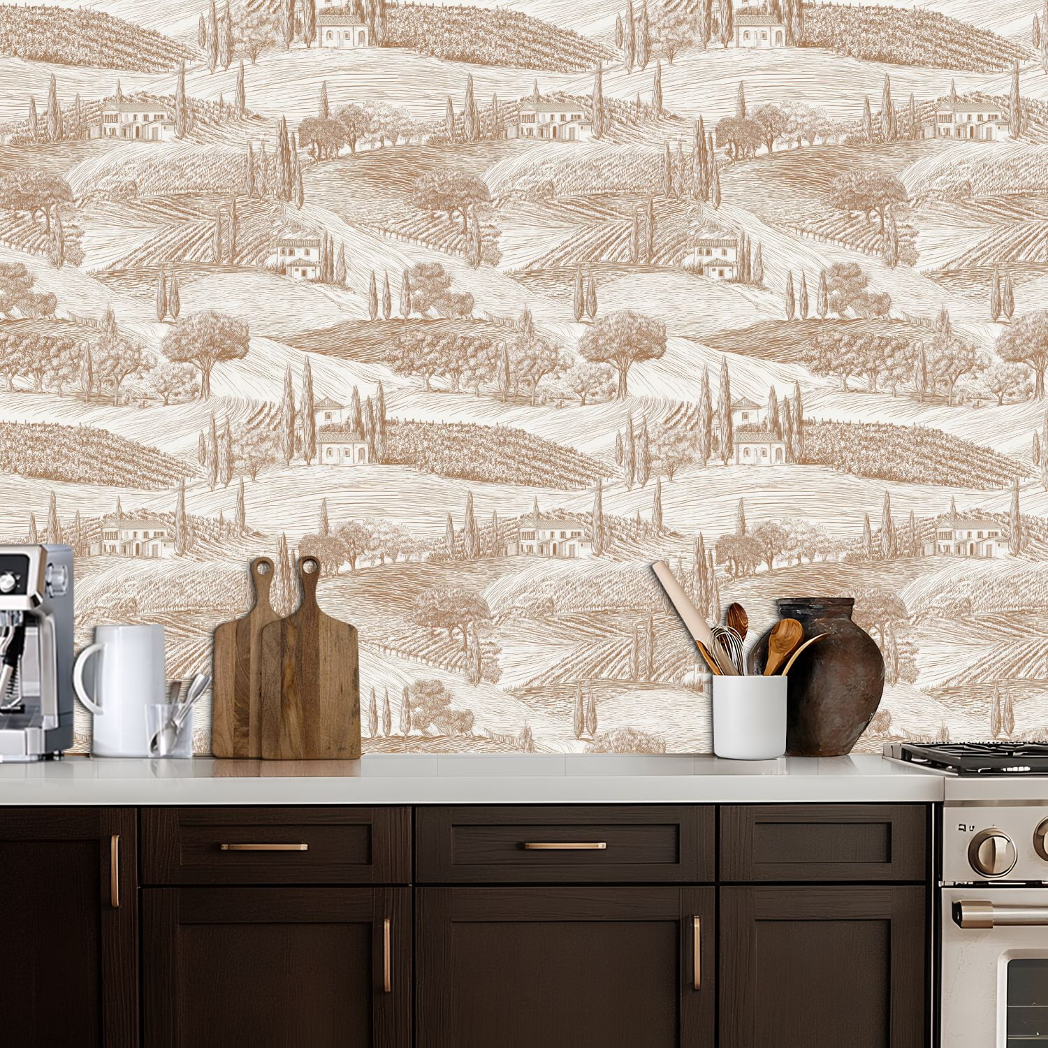 Peel and Stick Wallpaper 17.7in x 9.8ft Vintage Tuscan Landscape Vineyards Olive Trees Rolling Hills Contact Paper Vinyl Waterproof Self Adhesive Wall Paper for Bedroom Shelf Cabinet Renter Friendly