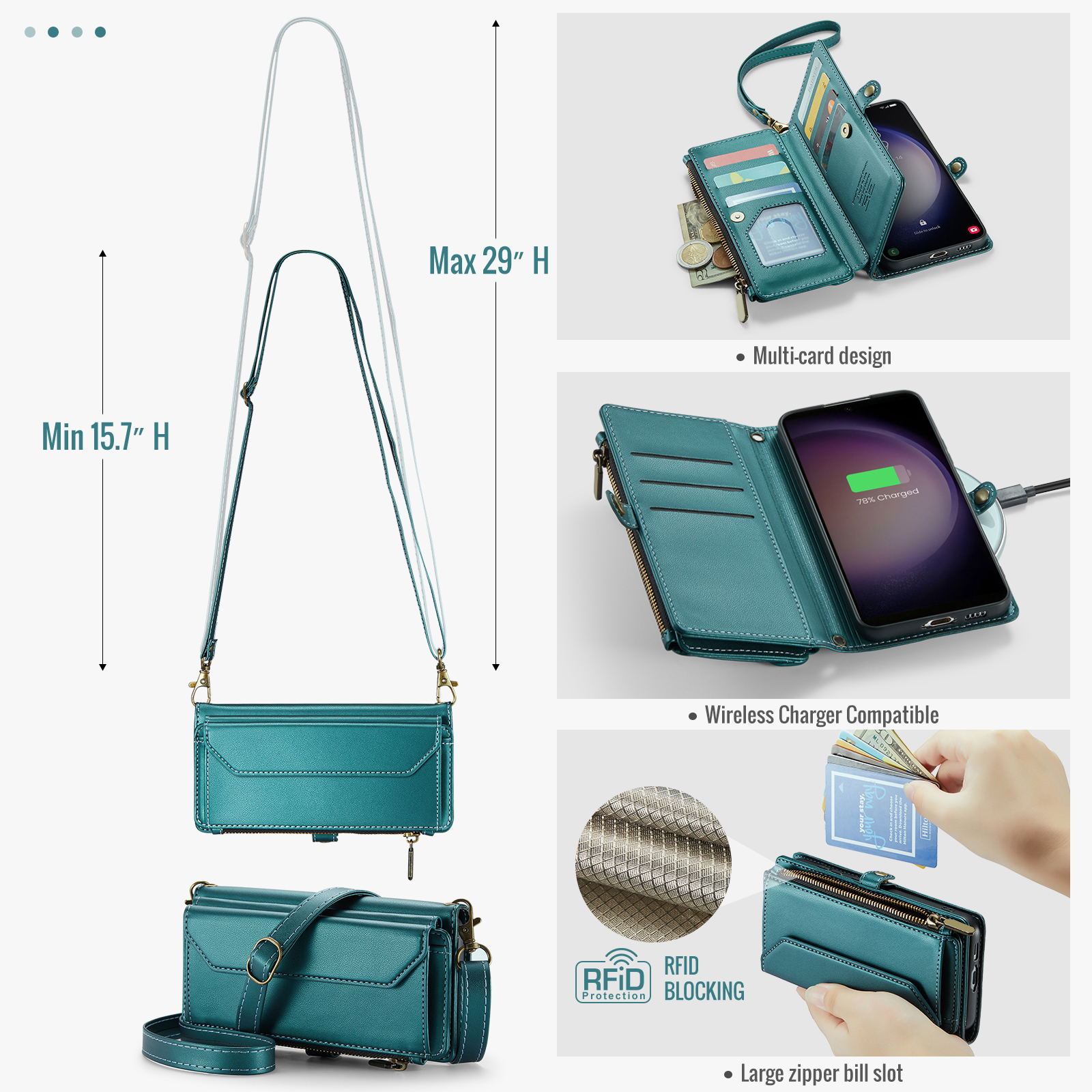 Compatible with Samsung Galaxy S23 Plus S23+ 5G Zipper Wallet Phone Case Tempered Glass Screen Protector Crossbody Lanyard Strap Flip Card Holder Slot Cell Cover for S23plus 23S S 23 23+ Women Green