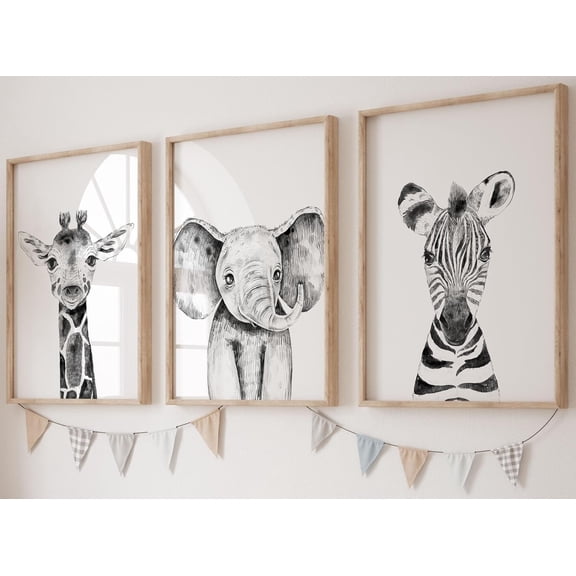 Safari Animals Baby Girl Boy Set of 3 Nursery Unframed Prints, Bedroom Decor Wall Art Posters, Black and White Elephant Giraffe Zebra, Blue Background (8x10)
