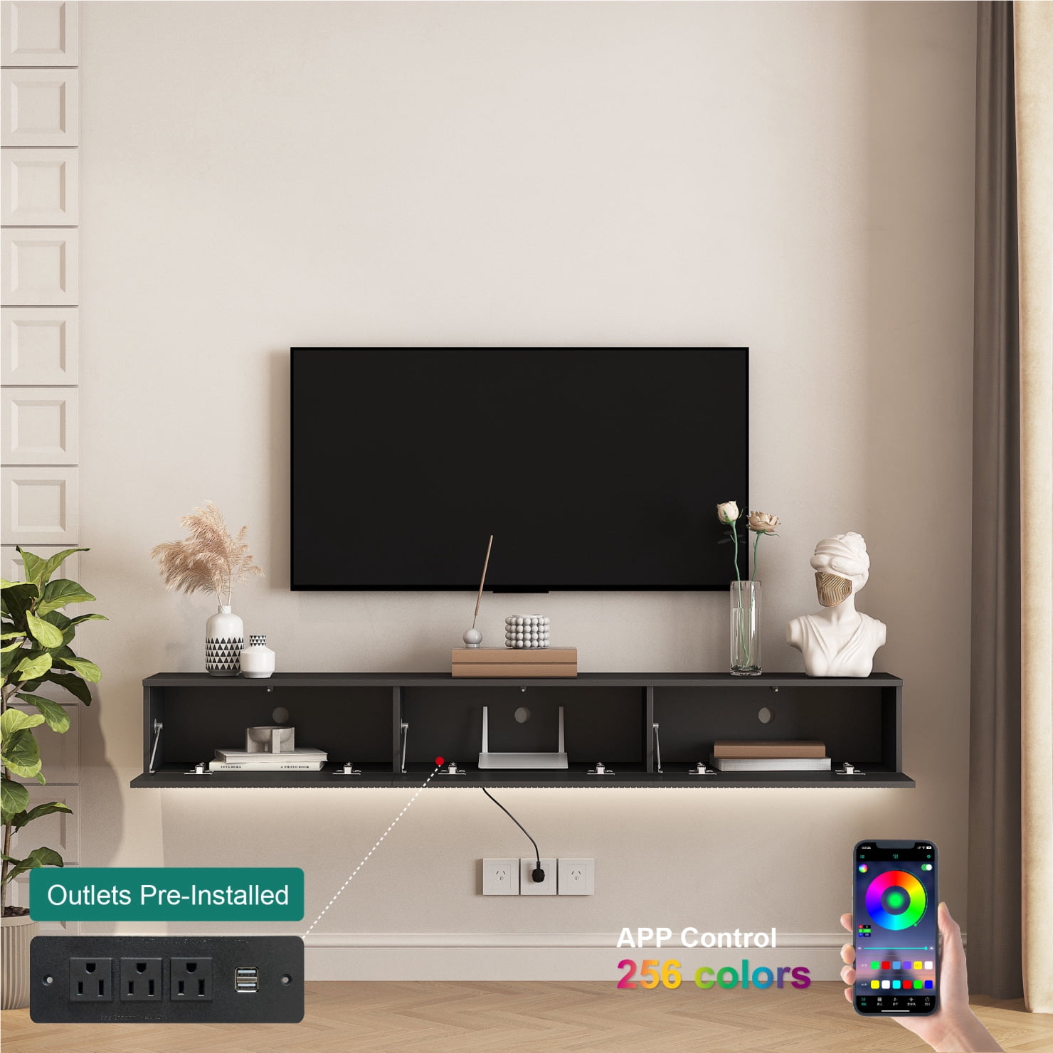 69 Inch Floating TV Stand Wall Mounted Entertainment Center with Storage, 16 Color LED Lights, Power Outlet, Media Console for 55 60 65 Inch TVs, Black