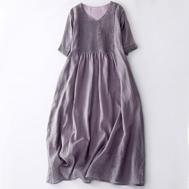 TIMIFIS Robe en Coton et Lin pour Femmes Robe Décontractée Ample Robe Longue Manches Courtes Maxi Robes Été Grande Taille Robe de Plage - Printemps