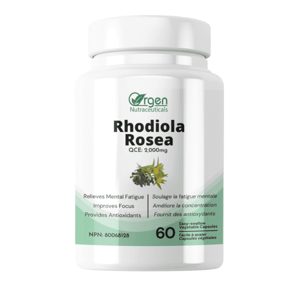 Orgen Nutraceuticals Rhodiola Rosea Extrait de Racine 60 v Gélules (200 mg) - 4% de Rosavine et 2% de Salidroside - Soulage le Stress, Améliore la Concentration et Augmente l'Énergie - Facile à Avaler